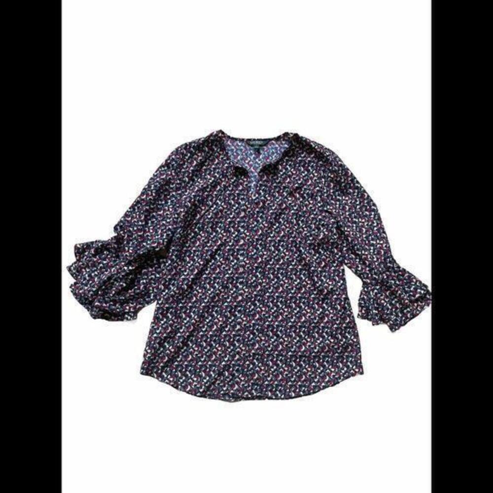 RALPH LAUREN Ruffled Blouse Bell Sleeve Blouse Geometric Print Top Size L